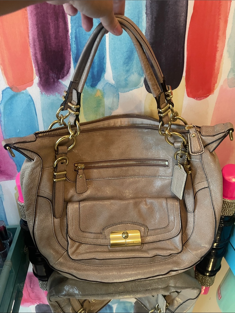 Coach Taupe Leather Satchel Handbag with Gold Hardware style no 19343